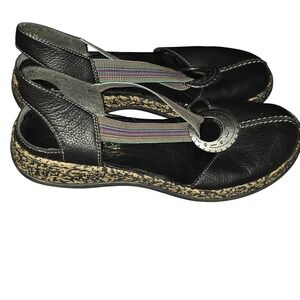Rieker Black Leather Slingback‎ Sandals Embellished Elastic Straps Cork Sole 38
